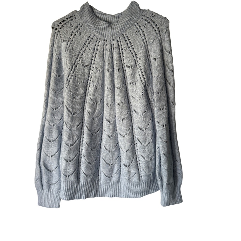 ASPEN Light Blue Mock‎ Neck Cable Knit Sweater Large Lace Detail Feminine Dainty